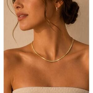 18K Gold PVD Stainless Steel Herringbone Chain Necklace 16” Minimalist Jewelry